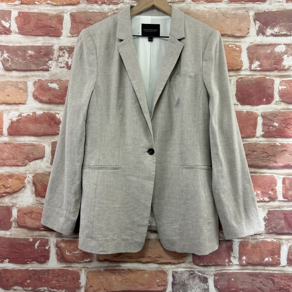 Banana Republic Long and Lean Blazer Women's 14 Beige Linen Blend Career Jacket